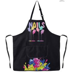 an apron with colorful paint splattered on it and the words nails painted on it