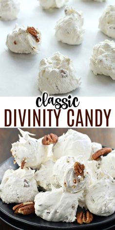 a plate full of white chocolate and pecans with the words classic diy candy on top