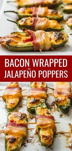 bacon wrapped jalapeno poppers on a white platter with text overlay