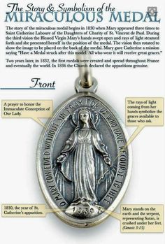 an image of the immaculate mary medal on a white background with text describing it's features