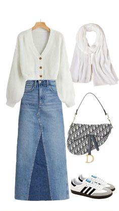 White And Denim Outfits Hijab, Maxi Denim Skirt Outfit Ideas, Simple College Outfits, Samba Shoes, Skirt And Top Dress, Hijabi Outfit