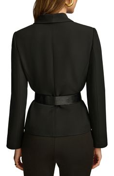 A graceful shawl collar and a cinched waist switch up the silhouette for this staple jacket. 23" length Front hidden-snap closure Shawl collar Removable belt Lined 96% polyester, 4% spandex Dry clean Imported Tailored Black Belted Blazer, Elegant Outerwear With Notch Lapel And Self Belt, Elegant Outerwear With Self Belt And Notch Lapel, Formal Black Belted Blazer, Elegant Winter Blazer With Belt Loops, Chic Fitted Outerwear With Belted Cuffs, Elegant Outerwear With Belt And Lapel Collar, Elegant Evening Belted Blazer, Elegant Black Outerwear With Self Belt