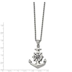 Classic nautical style! This men's stainless steel necklace features an antiqued and polished anchor with ship's wheel pendant that is approximately 30mm (1 3/16 inch) in width by 48mm (1 13/16 inch) in length, which includes the bail. It hangs on a 2mm width by 24-inch long rope chain that closes with a fancy lobster clasp. Not suitable for engraving, open back. Antique Stone, Nautical Style, Packaging Gift, Bow Jewelry, Skull Necklace, Stone Setting, Mens Accessories Jewelry, Men's Necklace, Steel Necklace