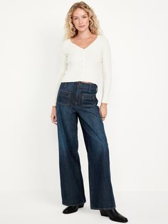 high waisted button front belt loops zip fly front utility pockets back patch pockets sits at belly button super-baggy thigh hits below ankle 30" regular inseam 28" petite inseam 33" tall inseam models are approx.  5'9" and wear sizes s (4), l (12), and xl (18)machine wash according to the care instruction label Trousers Outfit Work, Jean Trousers Outfit, Womens Trouser Jeans, High Waisted Wide Leg Jeans, Clothes For Women Over 50, Utility Pockets, Stylish Clothes For Women, Fashion Mistakes, Old Navy Jeans