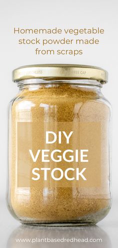 a jar filled with homemade vegetable stock and labeled diy veggie stock