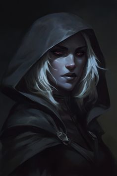 a painting of a woman with white hair wearing a hooded jacket and hood over her head