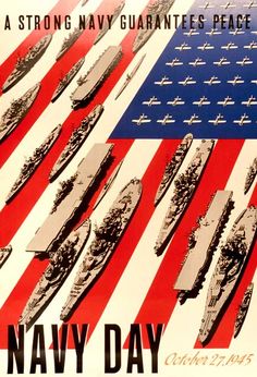 a poster with many ships on it and an american flag in the background that says navy day