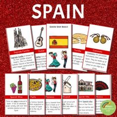 spanish cards with pictures of different countries and their names on them, including the words spain