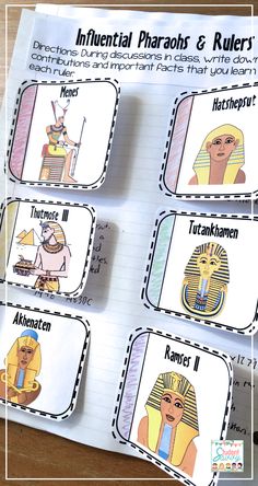 the egyptian pharaohs and rulers task cards are shown on top of an open notebook