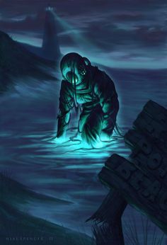 a creepy creature is in the water with his head down and glowing green lights on