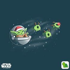 the star wars cartoon character is flying through space with other green characters in front of him