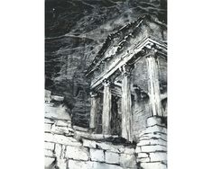 black and white photograph of an old building with columns on the side, in front of a mountain