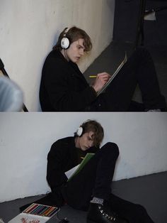 two photos of a person sitting on the ground with headphones and writing in a notebook