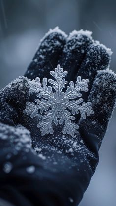 a snowflake is shown in the palm of someone's hand on a snowy day