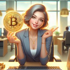 a woman sitting at a desk with a bitcoin in her hand and pointing to the screen