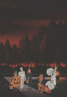 an animated scene with people dressed in costumes and pumpkins on the sidewalk at night