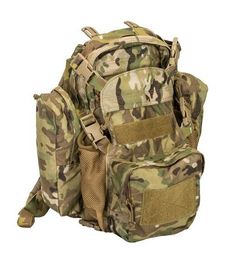 a large backpack with multiple compartments on the front and back, all in camo