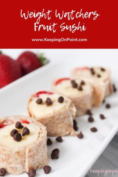 three desserts on a white plate with strawberries and chocolate chips in the background