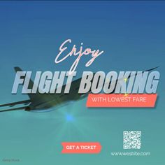 an airplane flying through the sky with text that reads enjoy flight boarding with lowest fare get a ticket