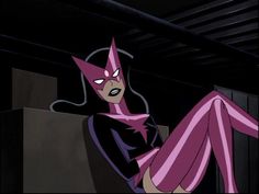 an animated woman in purple and black clothes