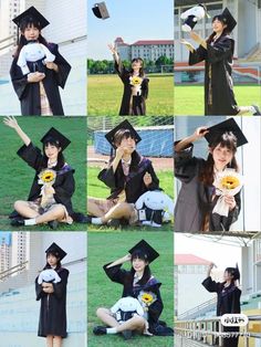 a collage of photos with people dressed in graduation gowns and holding sunflowers