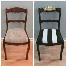 two chairs with black and white striped upholstered seats, one has a gold flower on the back