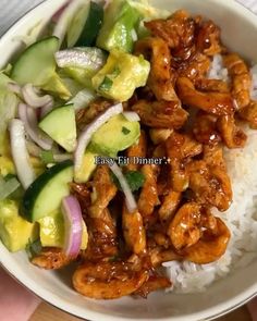 a white bowl filled with rice and meat next to cucumber, onion, avocado