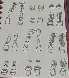 an open notebook with drawings of shoes and boots on the pages, all lined up