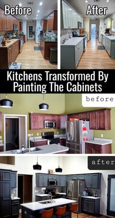 before and after photos of a kitchen transformed by painting the cabinets in black with white trim