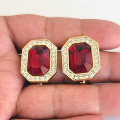 Good Day! Vintage Givenchy Paris New York Gold Plated Red Ruby Glass & Clear Rhinestone Clip-On Earrings "Unused". The Earrings Are Gorgeous & Will Brighten Up Any Outfit Ensemble. Great With That Little Black Dress. The Earrings Have One Minor Manufacturing Flaw That Is Barely Even Noticeable As Noted In The Pictures. The Earrings Have Never Been Worn & Are In Otherwise Excellent Vintage Condition. Smoke/Pet Free Environment. Thanks & Please Feel Free To Ask Any Questions That You May Have. Hav Vintage Givenchy Jewelry, Vintage Givenchy, Givenchy Paris, Red Jewelry, New Paris, Red Ruby, Rhinestone Earrings, Window Display, Display Ideas