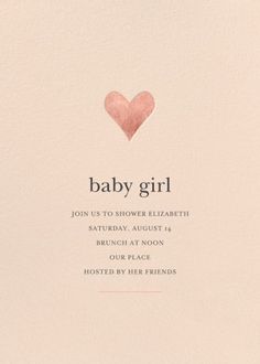 a baby girl shower card with a pink heart on the front and black lettering that reads,