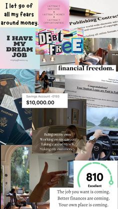 a collage of photos with the words financial freedom written on them