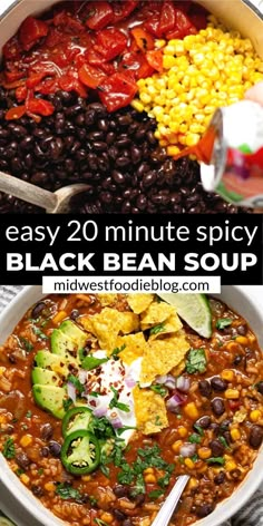 black bean soup in a white bowl with corn and avocado on the side