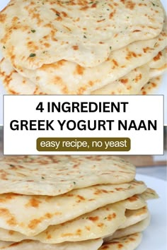 four ingredient greek yogurt naan on a white plate with text overlay