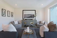 a living room filled with furniture and pictures on the wall