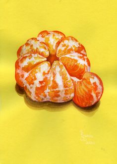 three oranges sitting on top of a yellow paper covered in white and red paint