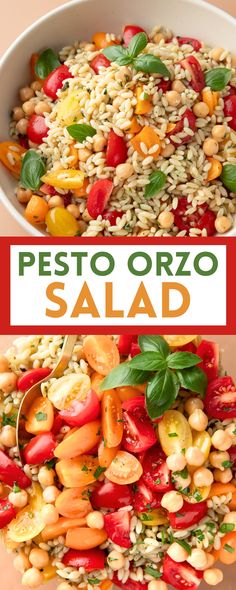 pesto orzo salad with fresh cherry tomatoes, basil, and chickpeas Pesto Orzo, Quinoa Veggie Burger, Best Veggie Burger, Veggie Burgers Recipe, Make Hummus, Black Bean Burgers, Orzo Salad, Best Vegetarian Recipes, Chickpea Recipes