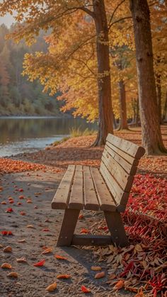 a wooden bench sitting in the middle of a park next to trees with leaves all over it