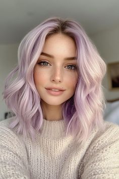 Click for More ➡️ | Save for Later ❤️  A soft lavender tone complements the wavy ends of this shag, giving a dreamy and whimsical feel to medium-length hair. (Soft Lavender Shag with Wavy Ends - Medium Length Shag Haircuts) Pale Lavender Hair, Light Purple Hair Lavender, Haircuts 2024 Women, Purple And Silver Hair, Lavender Purple Hair, Medium Length Shag Haircuts, Colours 2023