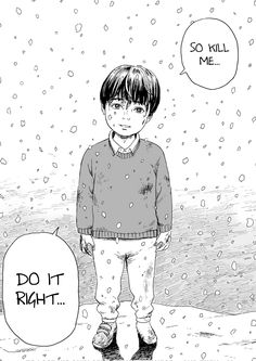 a boy is standing in the snow with his hand on his hip and an empty balloon that says do it right