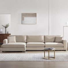 a living room with a couch, coffee table and rug on the floor in front of it