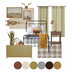 a collage of furniture and decor items including curtains, bedding, rugs