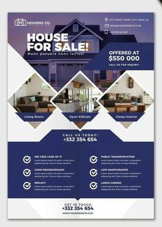 a blue and white flyer for a house sale