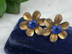 "A beautiful pair of vintage daisy flower earrings, with blue glass centers, in gold washed sterling silver. Marked \"Sterling\" on back. They measure about 1\" across. Some tarnishing and wear to the gold finish. Actual packaging will vary depending on item/s purchased and tape pattern available. Props shown in photos is for display purposes only, not included in this listing. As always, satisfaction is guaranteed. Thanks for shopping Vintage In Bloom More earrings: http://www.etsy.com/shop/Vin Sterling Silver Flower Earrings, Vintage Daisy, Tape Pattern, Silver Flower Earrings, Flower Ear, Cameo Jewelry, Daisy Earrings, Cameo Necklace, Sterling Silver Flowers