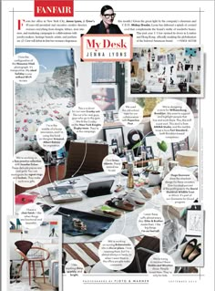 an article in a magazine with pictures and words about the desks, chairs, and other items