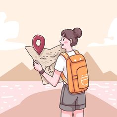 a person with a backpack looking at a map and holding a pin marker in their hand