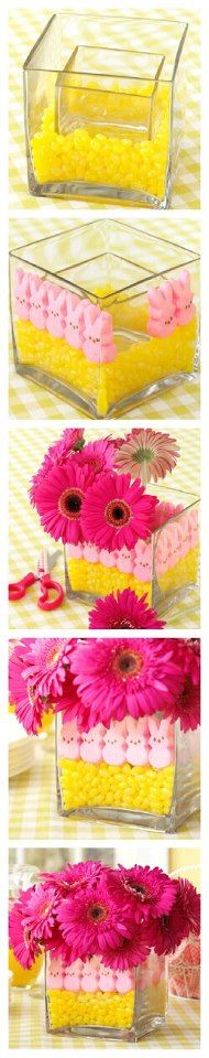 three different pictures of pink and yellow flowers in a glass container on a white surface