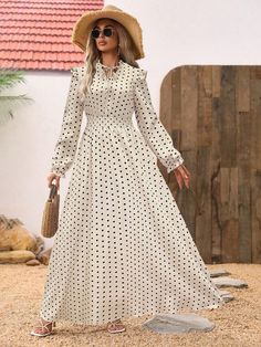 Apricot Boho Collar Long Sleeve Woven Fabric Geometric,Polka Dot A Line Embellished Non-Stretch  Women Clothing Polka Dot Long Dress, Arabian Dress, Cute Modest Outfits, Elegant Maxi Dress, Dress For Summer, Modest Clothing, Printed Long Dresses, Flounce Sleeve, Women Maxi