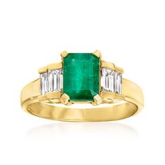 Ross-Simons - 1.60ct Emerald, .80ct t.w. Diamond Ring in 14kt Yellow Gold. Size 8. This ring can add a fresh perspective to any style! A 1.60 carat emerald radiates in a four-prong setting and is sided by .80 ct. t.w. baguette diamonds in channel settings. Crafted in polished 14kt yellow gold. 3/8" wide. Diamond and emerald ring. Emerald birthstones are the perfect gift for May birthdays. Unique Emerald Rings, May Birthdays, Diamond And Emerald Ring, Channel Set Rings, Drip Drop, Emerald Cut Diamond Engagement Ring, Emerald Birthstone, Emerald Rings, Emerald And Diamond Ring