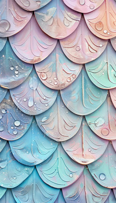 an abstract background with water drops on the leaves in pastel blue, pink and green